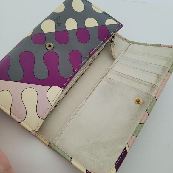 Emilio Pucci Geometric Leather Wallet Abstract Designer Italian Multicolor Large - Picture 3 of 11
